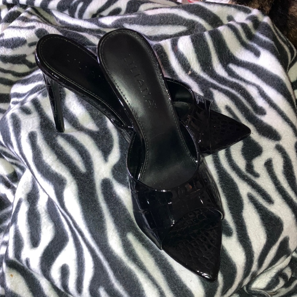 Liliana Black Alligator Patent Leather Pointed Toe  High Heel Mule Sandals